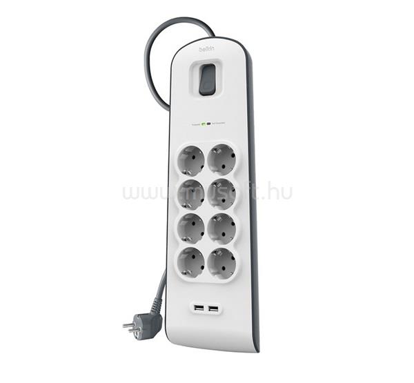 BELKIN BELKIN SURGE PLUS hálózati elosztó 8 AC+2 USB aljzat 2.4A, túlfeszültségvédő + 200cm tápkábel, FEHÉR