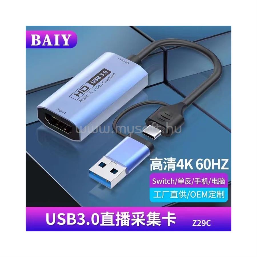 BLACKBIRD Adapter HDMI Female 4K 60Hz to USB 3.0/USB-C Male, Kék
