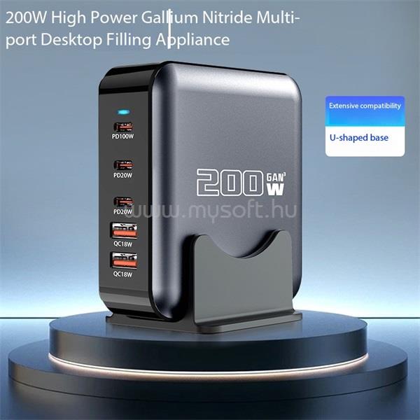 BLACKBIRD GAN200W töltő 1xUSB-C PD100W, 2xUSB-C PD20W, 2xUSB (ezüst)