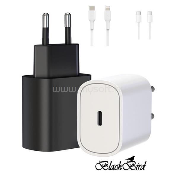 BLACKBIRD Hálózati Adapter T145 25W + Type-C + Lightning kábel 1m, Fehér