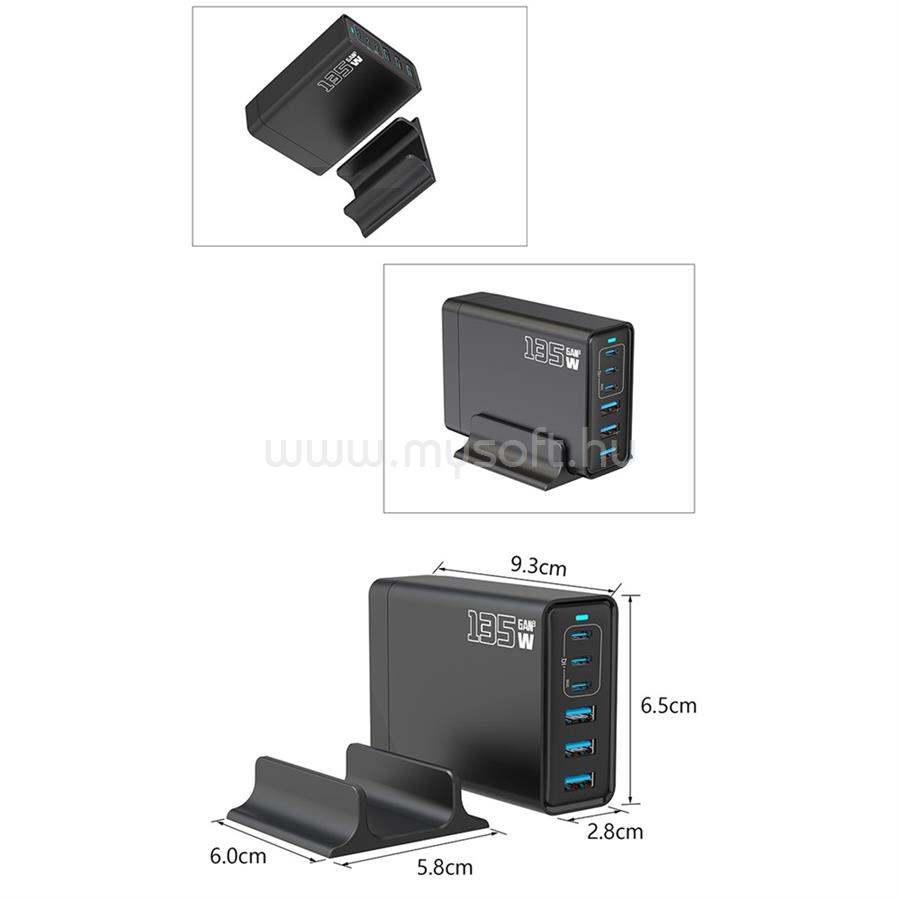 BLACKBIRD BH1669 hálózati töltő 3 USB+3 Type-C aljzat 135W, PD gyorstöltő, FEKETE