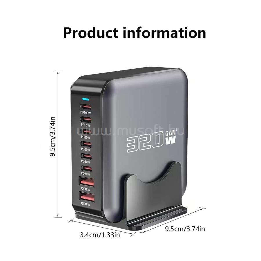 BLACKBIRD hálózati töltő GAN 320W 1xUSB-C PD100W + 1xUSB-C PD65W + 4xUSB-C PD30W + 2xUSB QC18W (fekete)