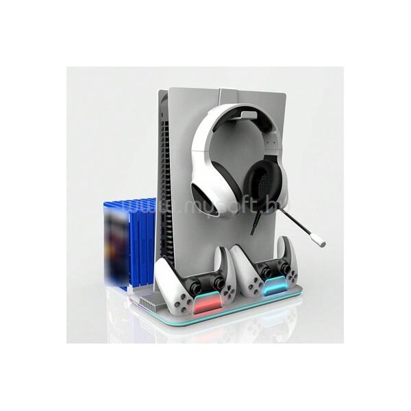 BLACKBIRD PS5 Kiegészítő Konzol hűtő Ventilátoros + Töltő állomás + Játék tartó, Fehér RGB