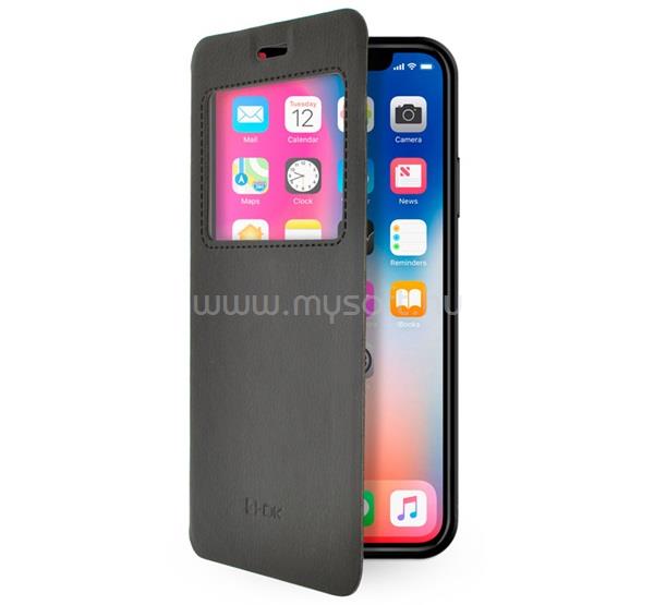 BLAUTEL iPhone XS Max 6.5 4-OK tok álló, bőr hatású FLIP, ablakos, FEKETE