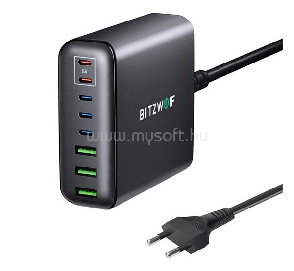BLITZWOLF BLITZWOLF BW-S26 hálózati töltő állomás 3 USB+5 Type-C aljzat 250W, PD gyorstöltő + 150cm tápkábel, FEKETE