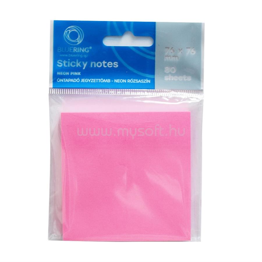 BLUERING Jegyzettömb öntapadó, 76x76mm, 80lap, BlueringR , neon pink