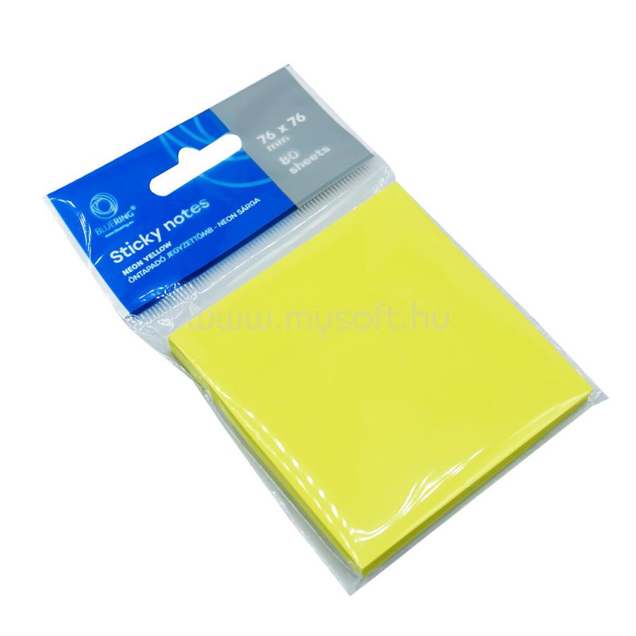 BLUERING Jegyzettömb öntapadó, 76x76mm, 80lap, BlueringR , neon sárga
