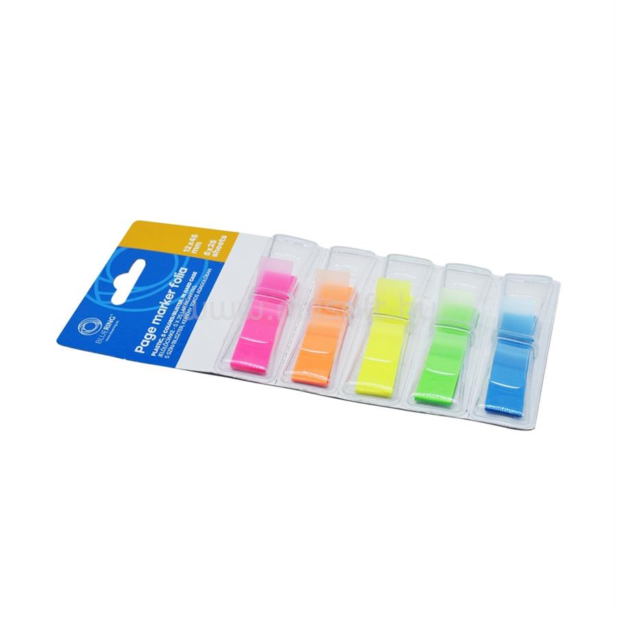 BLUERING Jelölőcímke 12x45mm, 5x25lap, műanyag 5szín/bliszter, kemény tokos adagolóban BlueringR