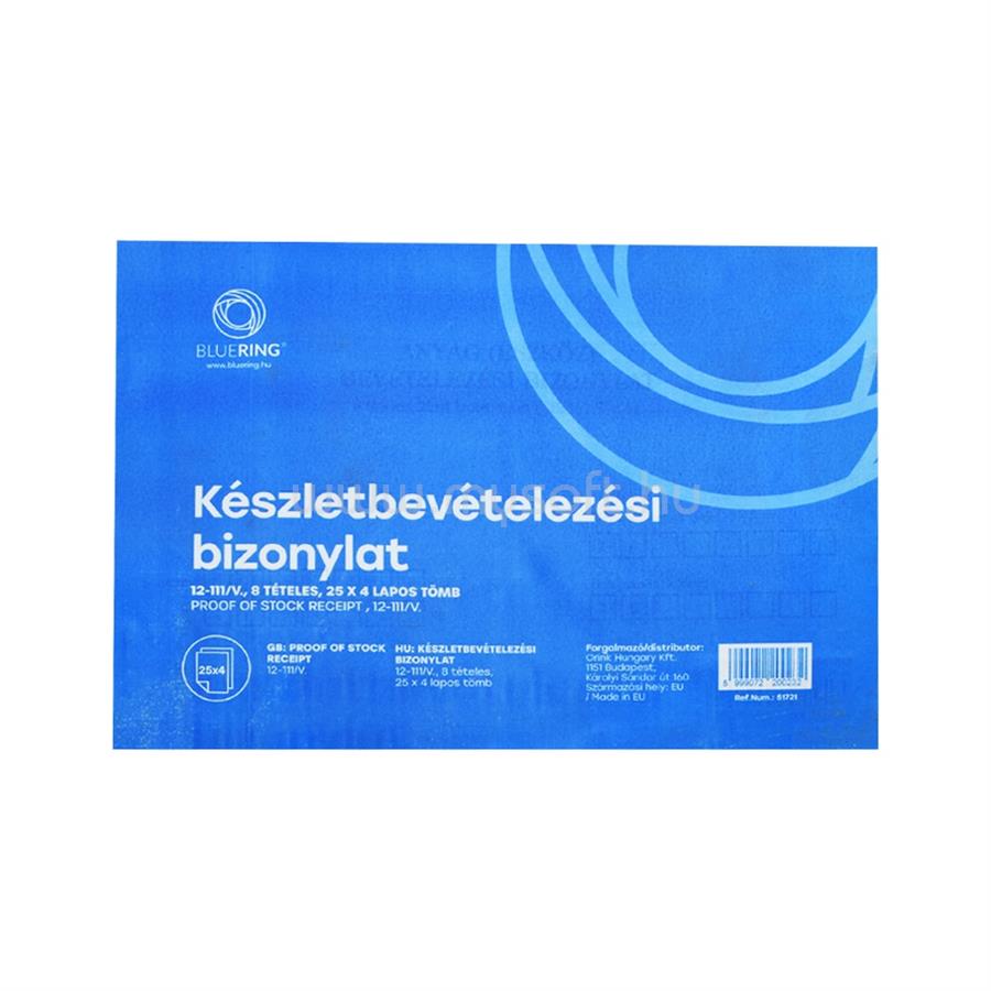 BLUERING Készletbevételezési bizonylat anyag bevét A5 25x4lapos fekvő 12-111/V. 8 tételes