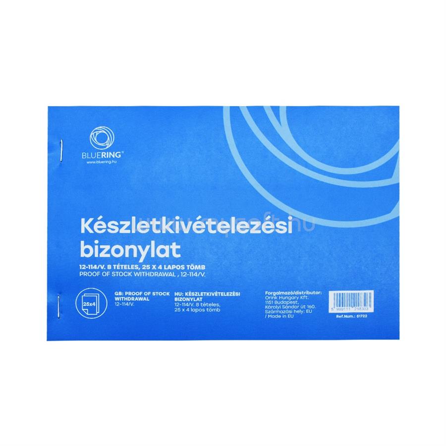 BLUERING Készletkivételezési bizonylat anyag kivét A5 25x4lapos fekvő 12-114/V. 8 tételes BlueringR