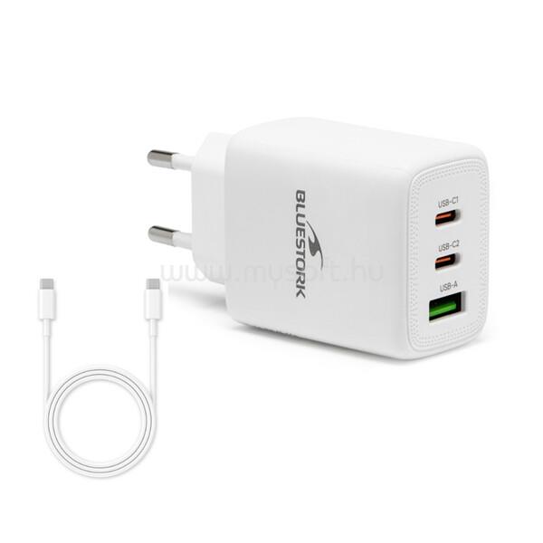 BLUESTORK Hálózati töltő - PW-65-CCA (2xUSB-C, USB-A, 65W, 2m kábel, fehér)