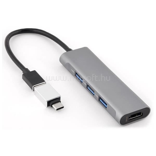 BLUESTORK USB Hub - HUB-MINI (USB-A to 3xUSB 2.0 port + 1x USB-C, 1xHDMI, USB3.0, szürke)