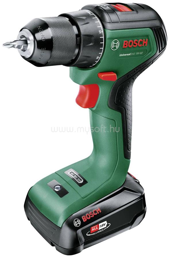 BOSCH UniversalDrill 18V-60 akkus fúrócsavarozó, 2.0Ah-s akkumulátorral (06039D7001)