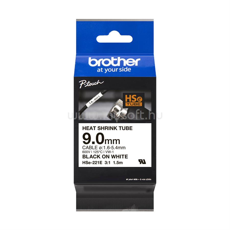 BROTHER HSe-221E fehér alapon fekete hőre zsugorodó szalag, 9 mm