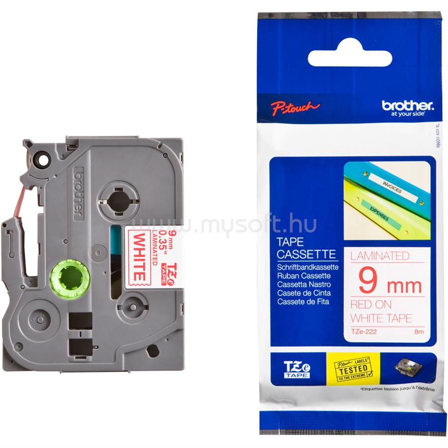 BROTHER TZE-222 fehér alapon piros eredeti feliratozó szalag (9mm x 8m)