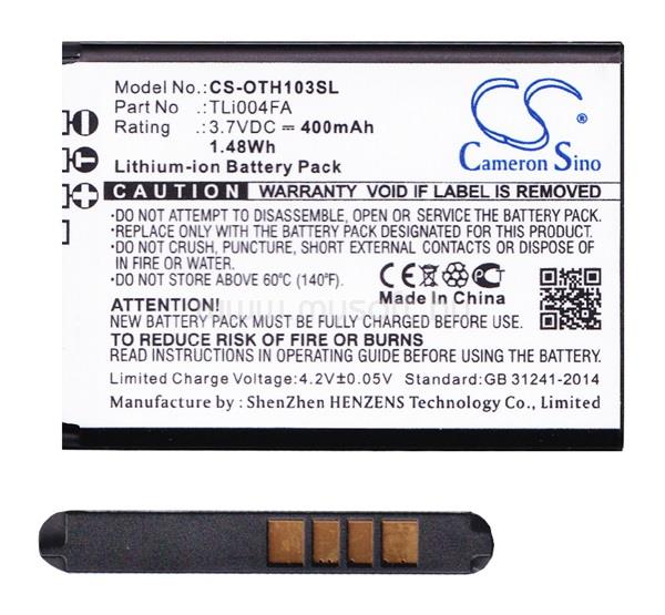 CAMERON SINO Alcatel OT-1066D / OT-1050D / OT-1052 CAMERON SINO Li-Ion akku 3.7V/400mAh, Alcatel TLi004FA kompatibilis, FEKETE