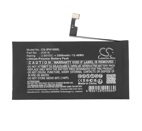 CAMERON SINO iPhone 15 CAMERON SINO Li-Polymer akku 3.85V / 3500mAh, Apple A3018 kompatibilis, FEKETE