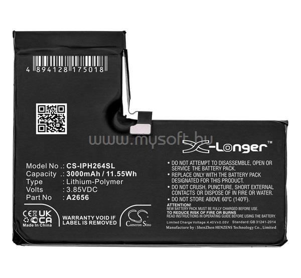 CAMERON SINO iPhone 13 Pro Li-Polymer akku 3.85V/3000mAh, Apple A2656 kompatibilis, FEKETE