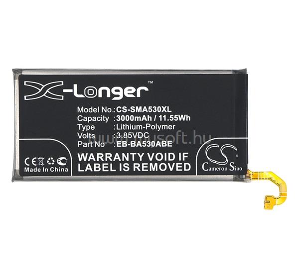 CAMERON SINO Samsung A8 (2018) CAMERON SINO Li-Polymer akku 3.85V/3000mAh, Samsung EB-BA530ABE kompatibilis, FEKETE