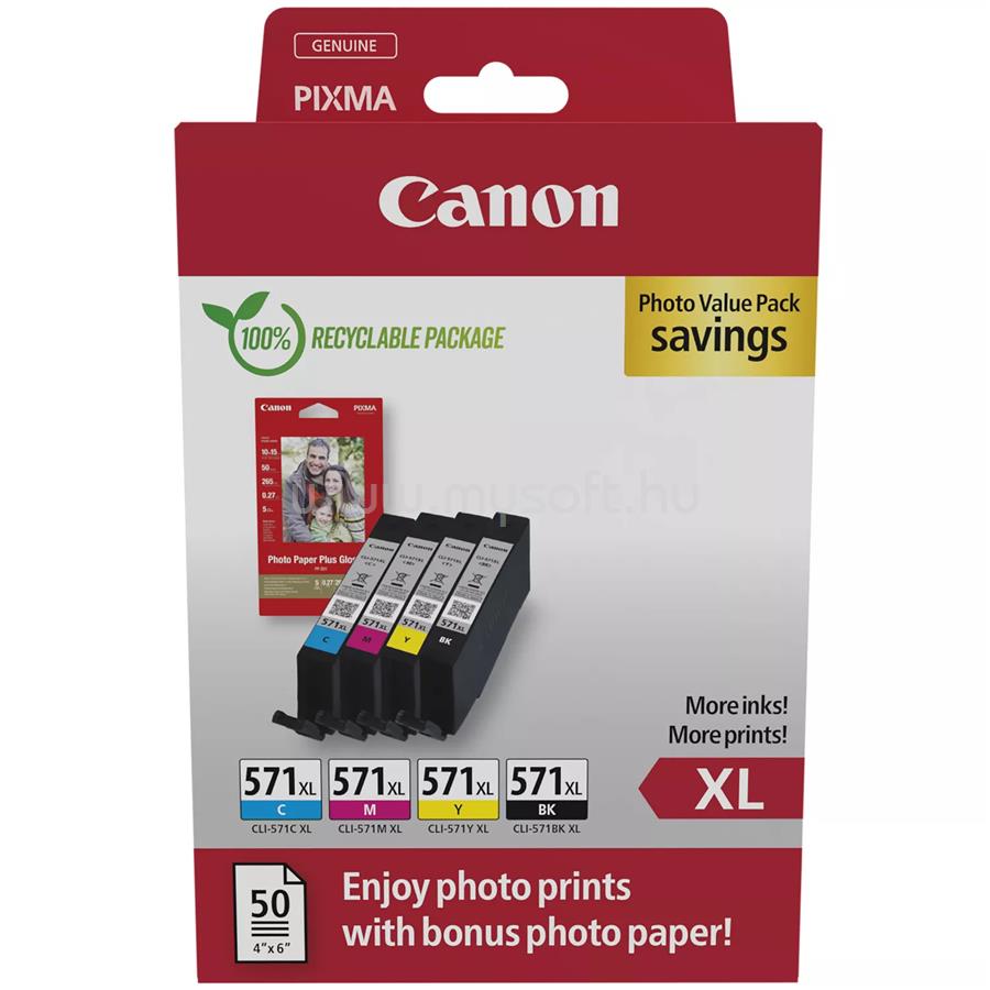 CANON Patron CLI-571XL BK/C/M/Y Fekete/Cián/Magenta/Sárga multipakk + Fotópapír