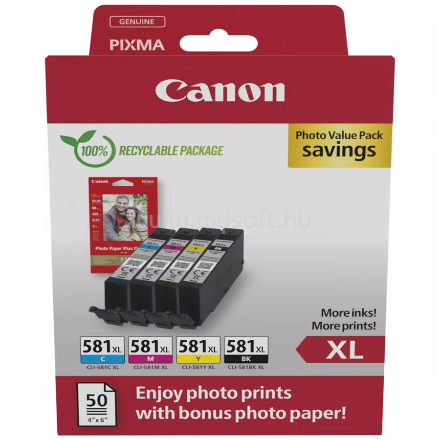 CANON Patron CLI-581XL BK/C/M/Y Fekete/Cián/Magenta/Sárga multipakk + Fotópapír
