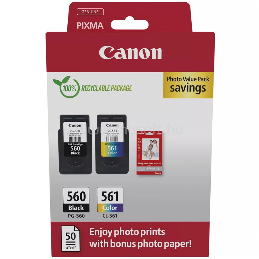 CANON Patron PG-560BK/CL-561Color Fekete/Színes multipakk (1x7,5ml/1x8,3ml) + Fotópapír