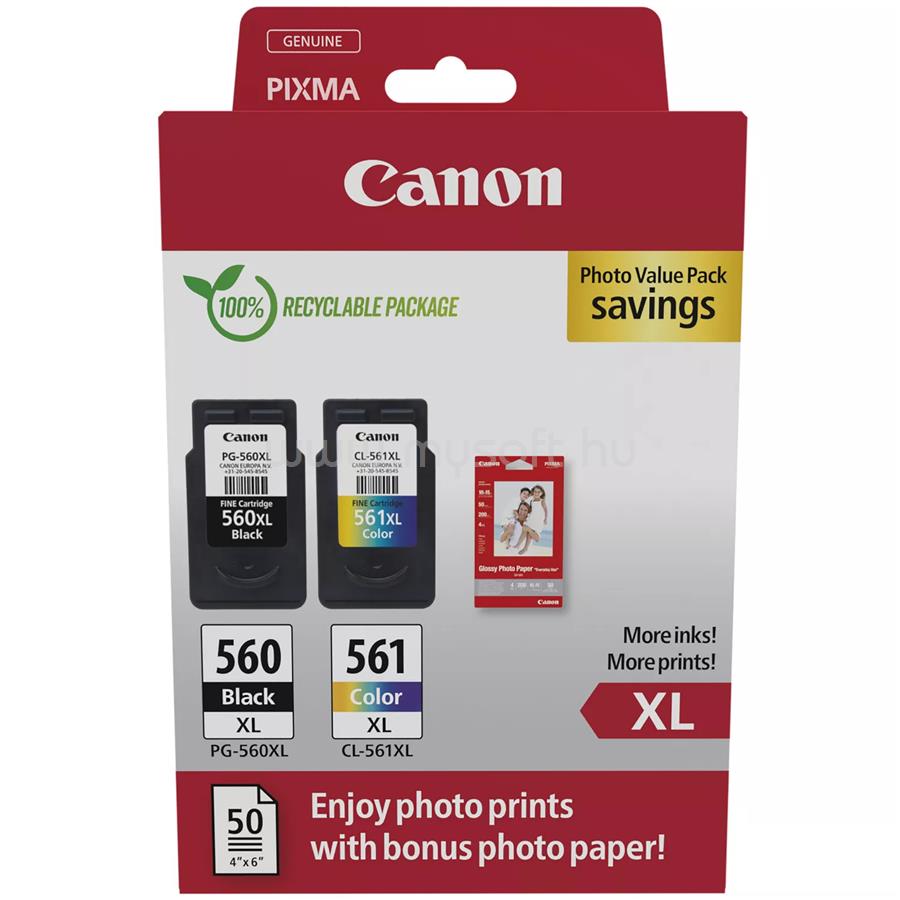 CANON Patron PG-560BK XL/ CL561Color XL Fekete/Színes multipakk  (1x14,3ml/1x12,2ml) + Fotópapír