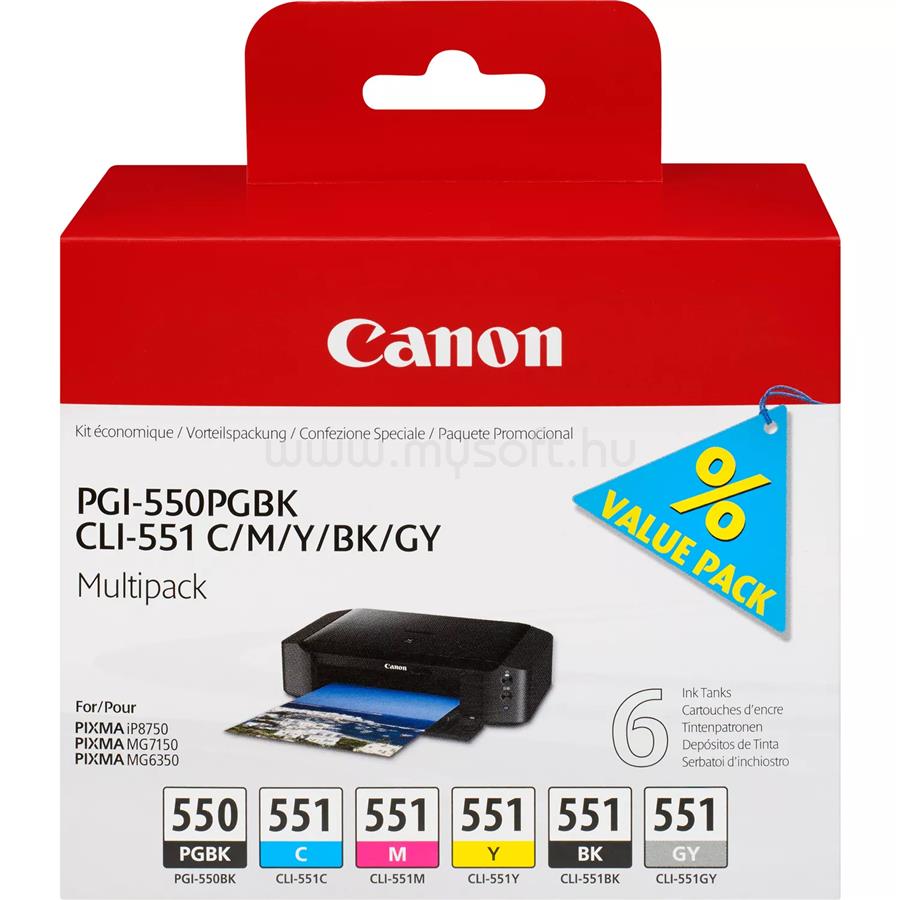 CANON Patron PGI-550PGBK/ CLI-551BK/C/M/Y/GY Pigment Fekete/Fekete/Cián/Magenta/Sárga/Szürke multipakk (1x15ml/5x7ml)