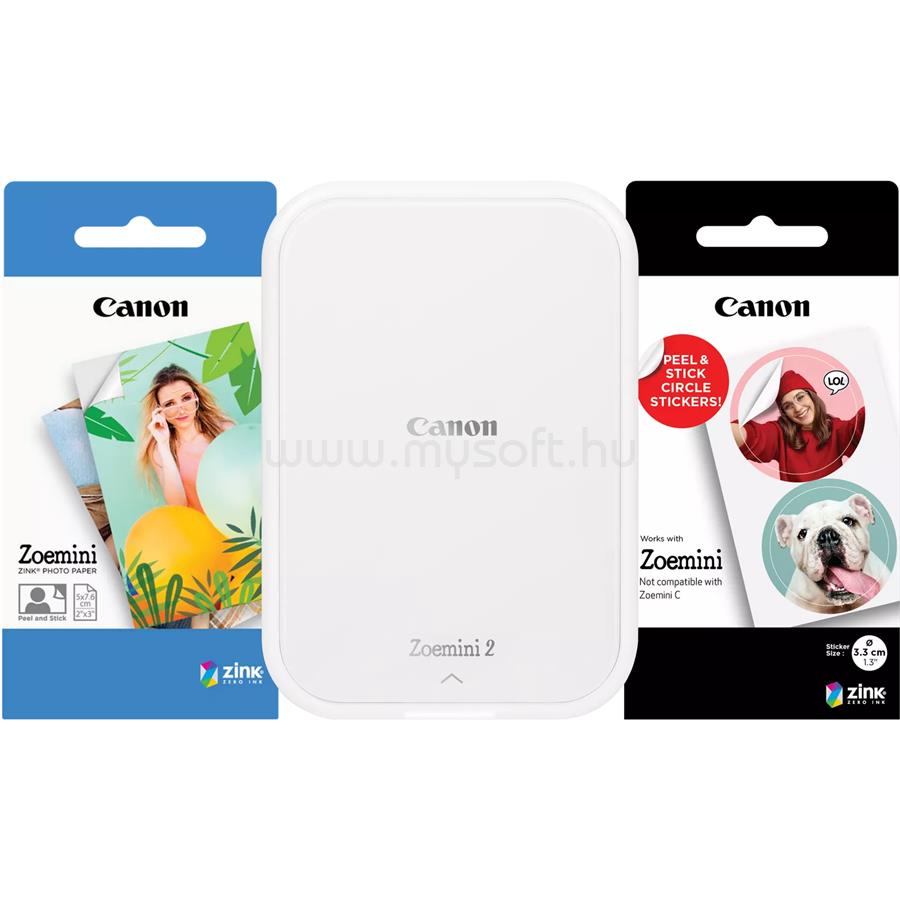 CANON Zoemini 2 hordozható fotónyomtató (fehér) + Zink Zoemini fotópapír (5x7.6cm, 20 lap) + Zink kör alakú öntapadós fotópapír (3.3cm, 10 lap)