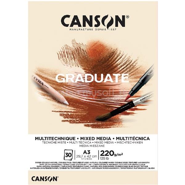 CANSON Graduate Mixed Media A3, álló, 220 g/m2, ragasztott, natúr színű rajzpapírtömb