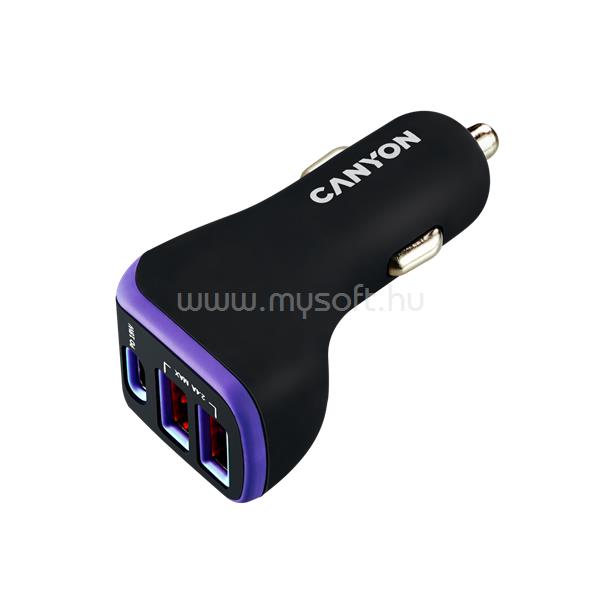 CANYON Autós Töltő, 3 portos, 2xUSB-A, 1xUSB-C, 5V-2,4A, 18W, fekete-lila - CNE-CCA08PU