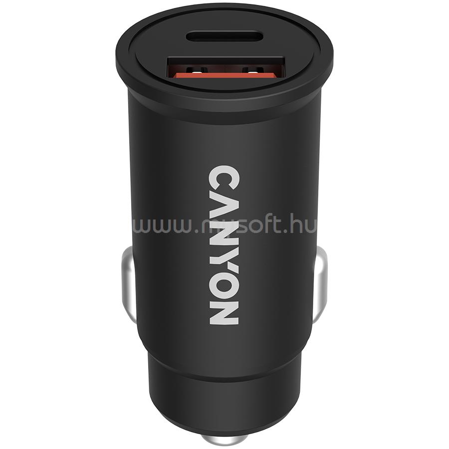 CANYON PD 30W/QC3.0 18W Pocket size car charger with 1-USB A+ 1-USB-C Input: DC12V-24V, Output: USBC: PD30W( 5V3A/9V3A/12V2.5A/15V2A/20V1.5A),USB-A:QC3.0 18W