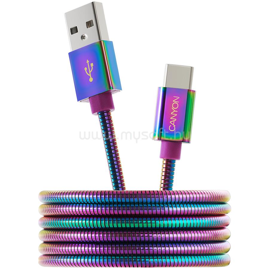 CANYON UC-7 Type C USB 2.0 standard cable, Power output 5V/9V 2A, OD 3.8mm, metal shell, cable length 1.2m, Rainbow, 14*6*1000mm, 0.04kg