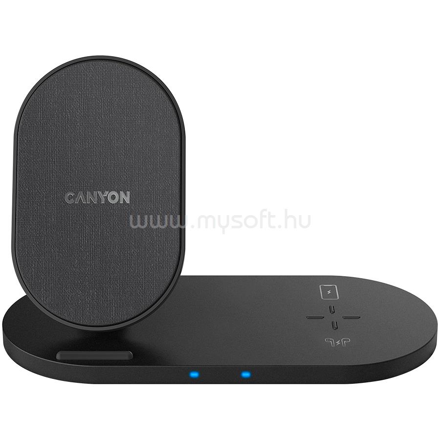 CANYON WS-202 2in1 Wireless charger, Input 5V/3A, 9V/2.67A, Output 10W/7.5W/5W, Type c cable length 1.2m, PC+ABS,with PU part ,180*86*111.1mm, 0.185Kg,Black