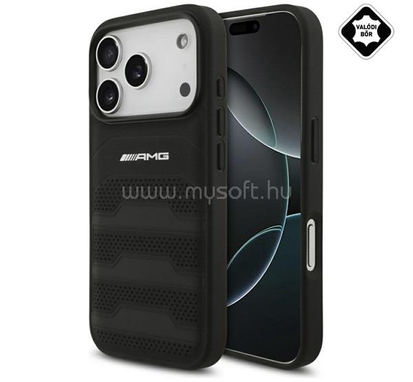 CG MOBILE iPhone 18 Pro / 17 Pro AMG SIGNATURE LEATHER DEBOSSED LINES műanyag telefonvédő valódi bőr hátlap, lyukacsos, FEKETE