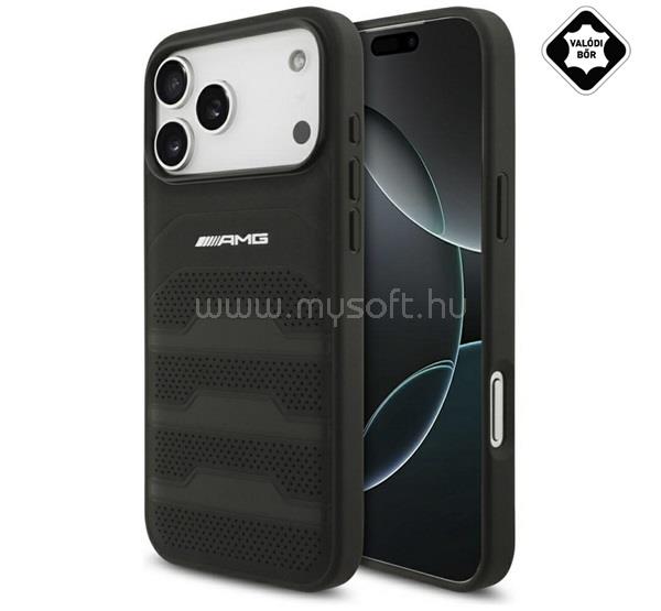 CG MOBILE iPhone 18 Pro Max AMG SIGNATURE LEATHER DEBOSSED LINES műanyag telefonvédő valódi bőr hátlap, lyukacsos, FEKETE