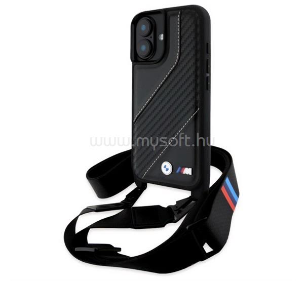 CG MOBILE iPhone 16 Plus BMW M EDITION CARBON STRIPE & STRAP szilikon telefonvédő ECO bőr hatású, nyakpánt, FEKETE