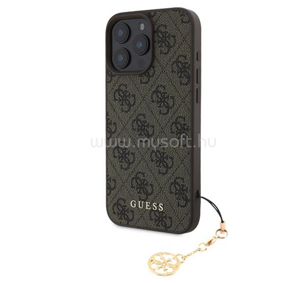 CG MOBILE iPhone 16 Pro Max GUESS 4G CHARMS műanyag telefonvédő textil hátlap, telefondísz, BARNA