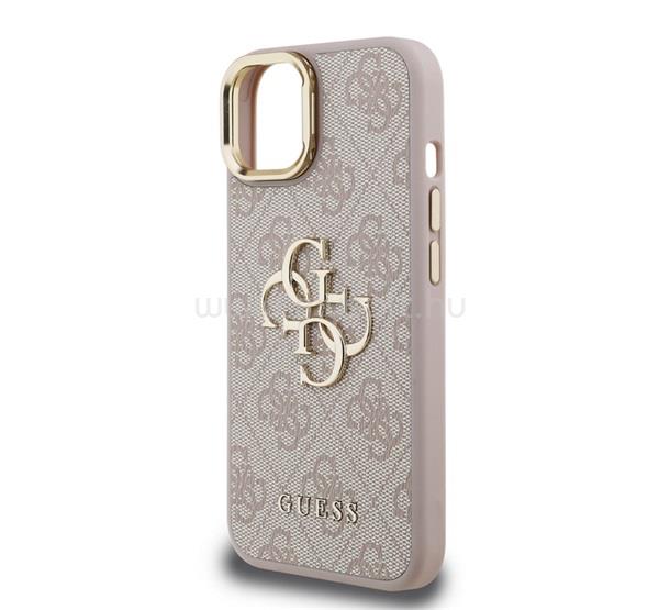 CG MOBILE iPhone 15 GUESS 4G METAL LOGO STAND műanyag telefonvédő ütésállóság, kitámasztó, RÓZSASZÍN