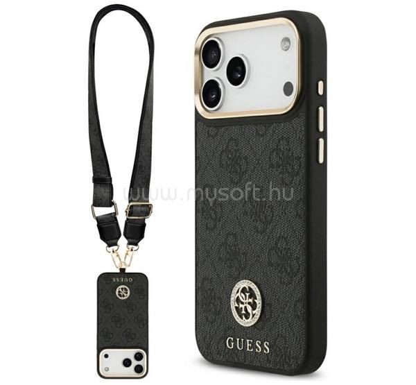 CG MOBILE GUESS 4G STRASS LOGO & BIG STRAP METAL BUTTONS szilikon telefonvédő bőr hatású hátlap, MagSafe + vállpánt, FEKETE