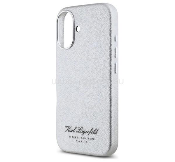 CG MOBILE iPhone 16 KARL LAGERFELD GRAINED PU HOTEL RSG szilikon telefonvédő ütésállóság, bőr hatású hátlap, VILÁGOSSZÜRKE