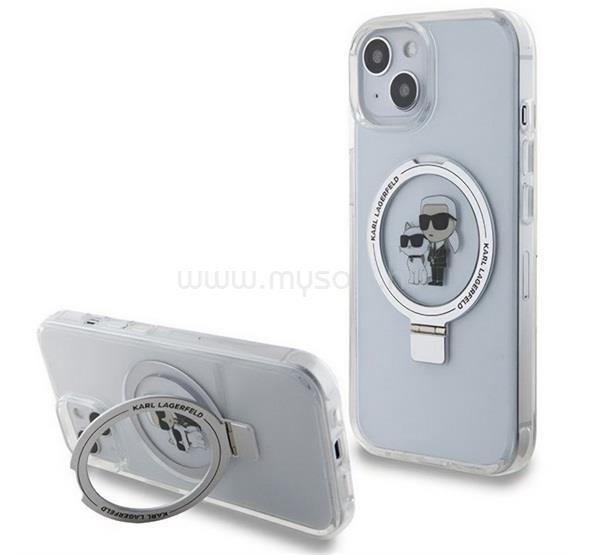 CG MOBILE iPhone 15 / 14 KARL LAGERFELD RING STAND KARL&CHOUPETTE MAGSAFE szilikon telefonvédő ütésállóság, kitámasztó, FEHÉR