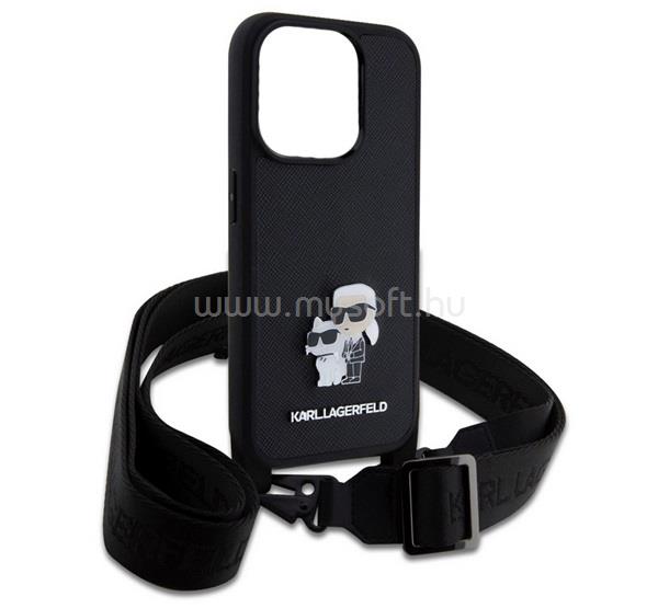 CG MOBILE KARL LAGERFELD SAFFIANO CROSSBODY STRAP METAL KARL AND CHOUPETTE szilikon telefonvédő ütésállóság, nyakpánt, FEKETE