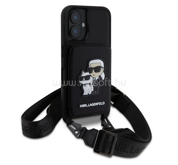 CG MOBILE iPhone 16 KARL LAGERFELD SAFFIANO CROSSBODY STRAP szilikon telefonvédő ütésállóság, kártyatartó, FEKETE