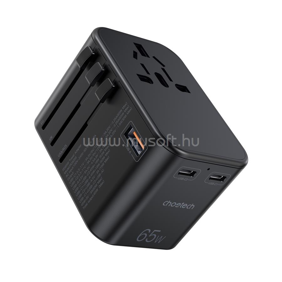 CHOETECH USB-C*2+A (65W, fekete, travel, US,UK,EU,AU), töltő