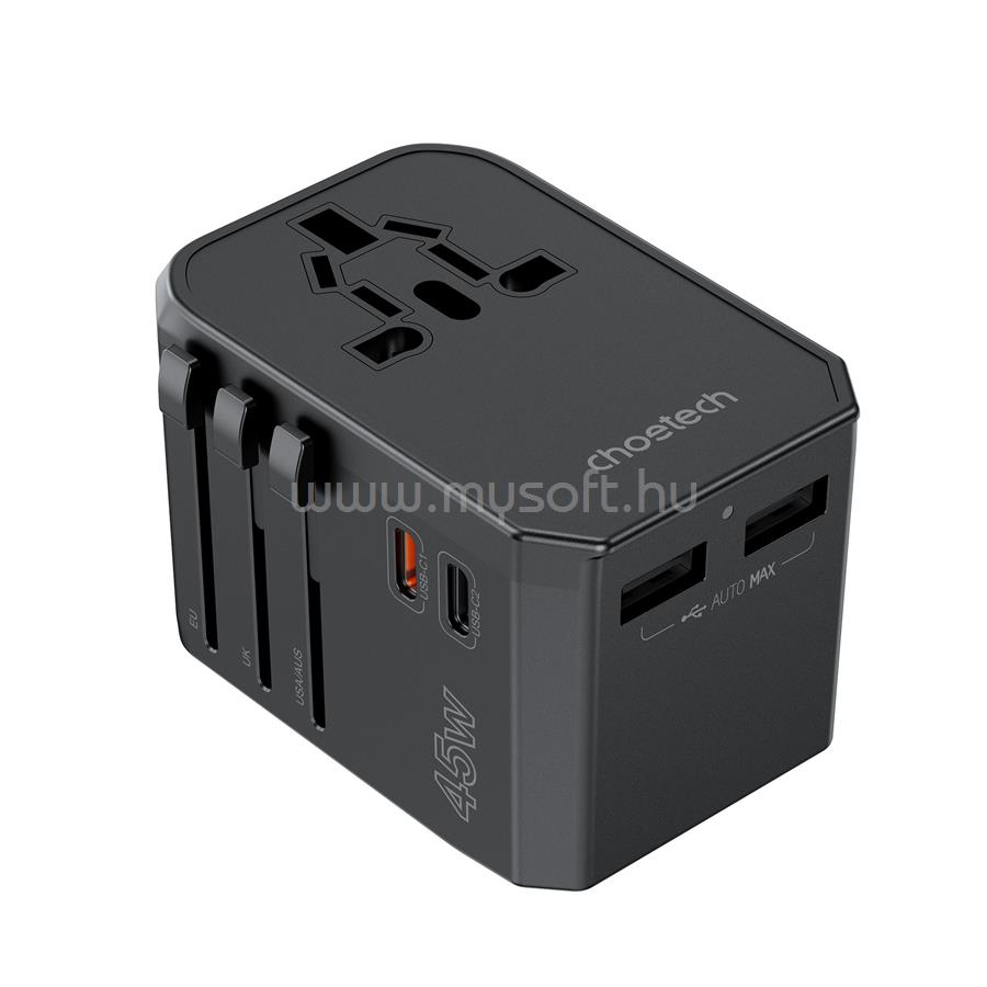 CHOETECH USB-C*2+A*2 (45W, fekete, travel, US,UK,EU,AU), töltő