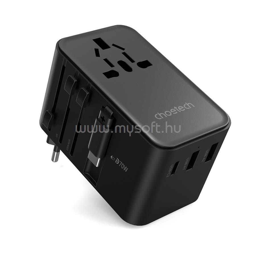 CHOETECH USB-C*2+USB-A*2 (70W,fekete,travel,USB-C kábellel, US,UK,EU,AU), töltő