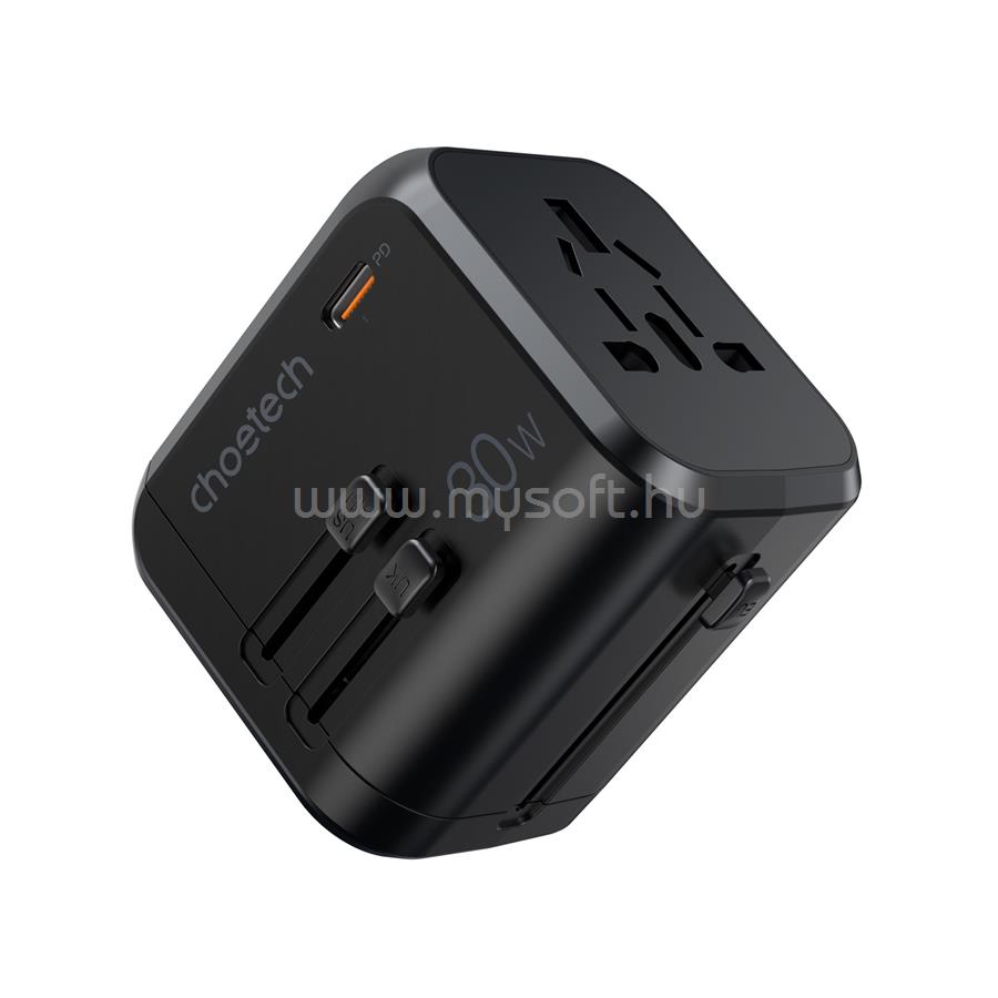 CHOETECH USB-C+A*3 (4port,30W, fekete, travel, US,UK,EU,AU), töltő