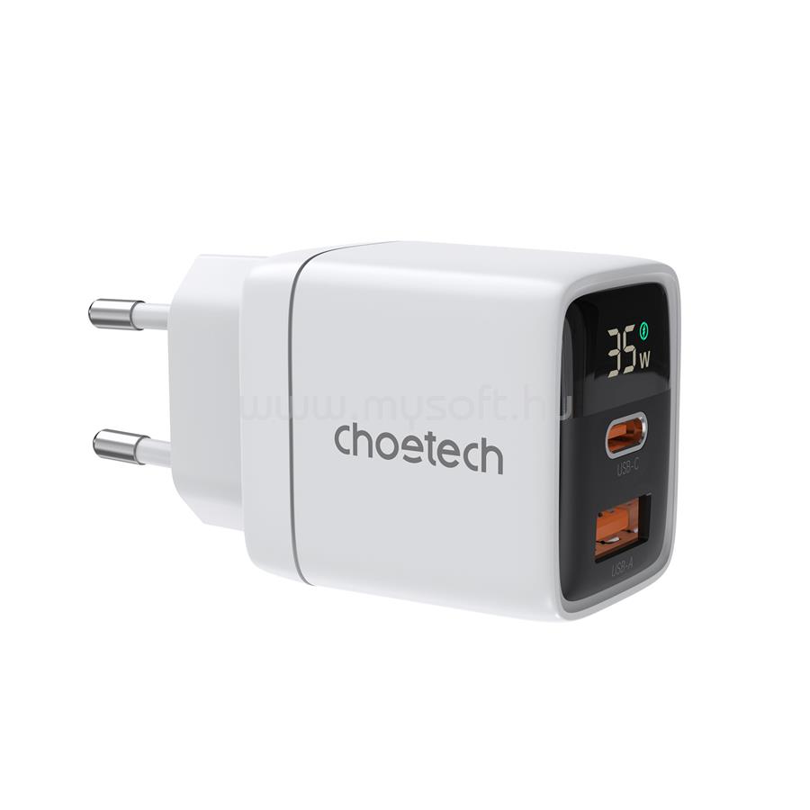 CHOETECH USB-C+USB-A 35W LED, fali töltő (fehér)