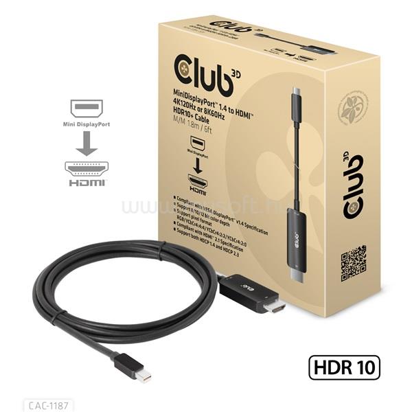 CLUB 3D Átalakító - CAC-1187 (MiniDP 1.4 to HDMI 4K120Hz / 8K60Hz HDR10+, 1.8m)